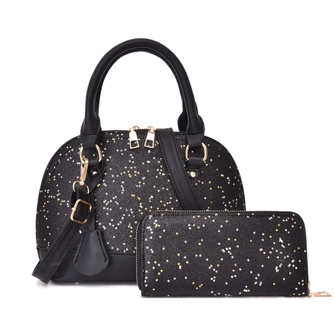 Damen Handtasche Und Lange Geldbörse Pailletten PU Leder Muschelform Glitzer Sternmuster Mode Schulter Crossbody