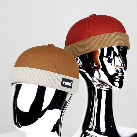 Retro Docker Hat Brimless Cap Cotton Canvas And Corduroy Patchwork Adjustable Metal Buckle Vintage Hip Hop Style Unisex