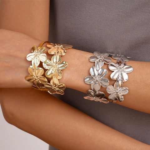 Hollow Flower Open Cuff Bangle Metal Textured Adjustable Personalized Exaggerated Statement Bracelet For Women