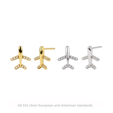 Airplane Stud Earrings With 925 Sterling Silver Earring Post Micro Pave Cubic Zirconia Dainty Travel Jewelry Women