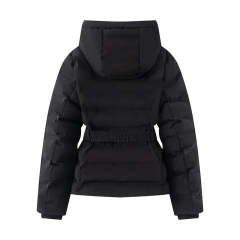 Women Mid-Length Slim Puffer Jacket With Hood And Waist Belt Windproof Waterproof Polyester Winter Cotton Padded Coat
