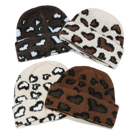 Women Leopard Print Knitted Beanie Hat Warm Acrylic Heart Pattern Winter Autumn Pullover Cuffed Cap Fashion Outdoor