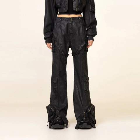 Dames Cargo Broek Hoge Taille Meerdere Zakken Gewaxte Gecoate Katoen Wijde Pijpen Streetwear Cyberpunk Industriële Stijl