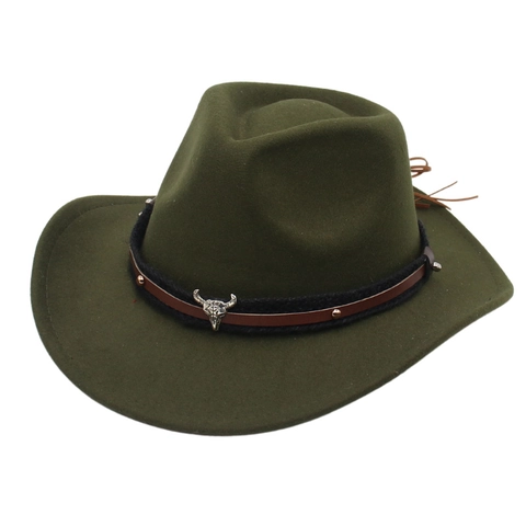 Western Cowboy Hat Wool Felt Wide Brim Vintage Bull Head Bone Decor Jazz Hat For Men Women