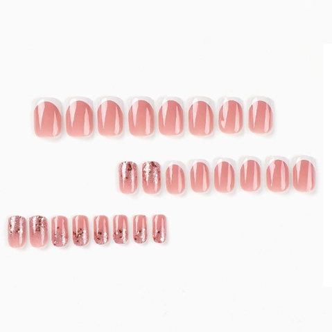 Franse Kunstnagels Witte Tip Roze Glitter Glanzend Elegante Plaknagels Voor Dames Dagelijkse Manicure