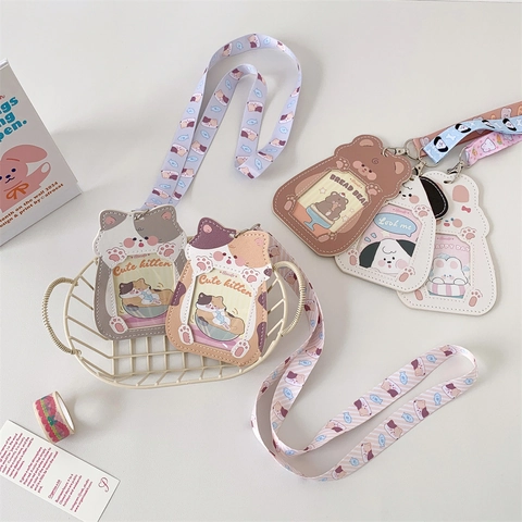 Cartoon Animal ID Card Holder PU Leather Badge Sleeve With Lanyard Cute Kawaii Dog Cat Bear Rabbit For Student Girl
