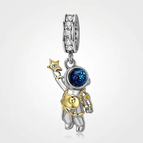 Astronaut Spaceman Charm 925 Sterling Silber Zirkonia Vergoldet Blau Emaille Stern Anhänger DIY Schmuckherstellung
