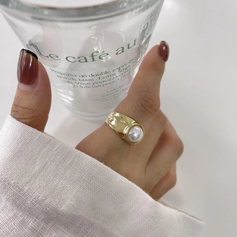 Künstliche Perle Offener Ring Breit S925 Sterlingsilber 18 Karat Vergoldet Französischer Retro Verstellbarer Fingerschmuck Damen