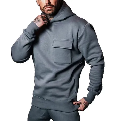Men Pullover Hoodie Polyester Knit Solid Color Casual Long Sleeve With Large Patch Pocket Fashion Streetwear Slim Fit