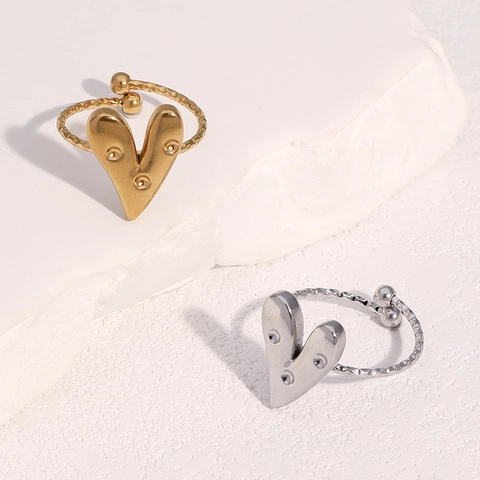 Anillo Abierto Corazón Bañado En Oro 18K Acero Inoxidable Diamante Ajustable Martillado Texturizado Joyería Mujer