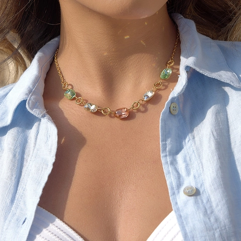 Colorful Rhinestone Stainless Steel Necklace PVD Gold Plated Geometric Gemstone Clavicle Chain For Women Fashion Jewelry Gift
