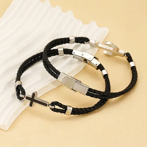 Bracciale In Pelle Intrecciata Retrò Con Ciondolo Ancora E Croce In Acciaio Inossidabile Hip Hop Punk Per Uomo Unisex