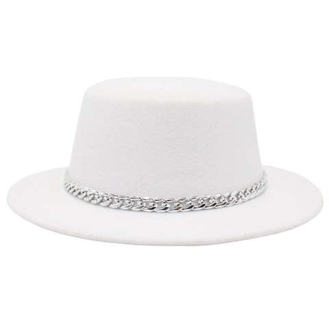 Platte Boater Hoed Wolvilt Met Zilveren Ketting Franse Retro Vintage Street Style Dames Heren