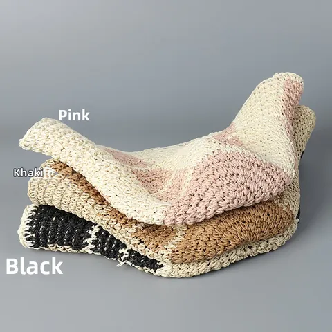 Women Summer Handwoven Paper Straw Bucket Hat Checkered Pattern Hollow Breathable Sun Protection Beach Sunshade Foldable Hat