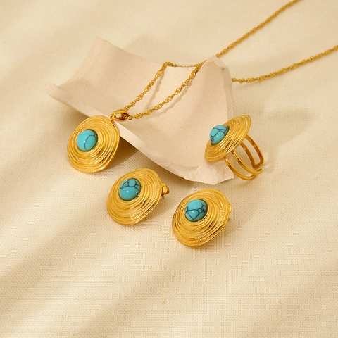 Retro Stainless Steel Turquoise Jewelry Necklace Earrings Ring Spiral Concentric Geometric Vintage Bohemian Women
