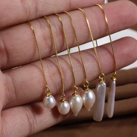 S925 Sterling Zilver Zoetwaterparel Ear Threader Oorbellen Minimalistische Lange Ketting Barok Druppel Parel Oorbellen