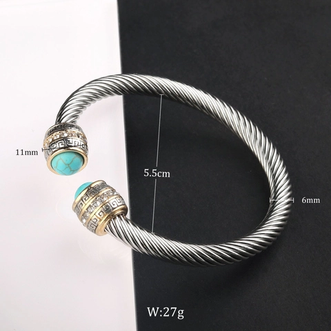Twisted Cable Open Cuff Bangle Stainless Steel Natural Stone Zircon Faux Artificial Pearl Retro Vintage Bracelet For Women