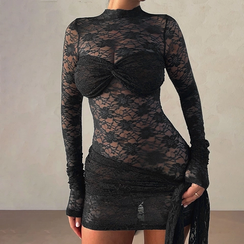 Sexy Durchsichtiges Spitzen Bodycon Minikleid Langarm Stehkragen Knoten Detail Schmale Passform Damen Mode