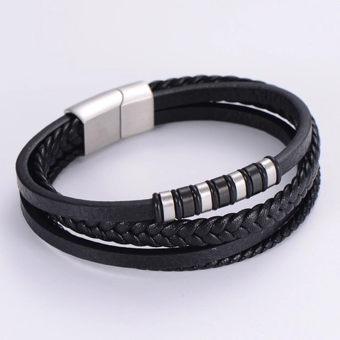 Bracciale Multistrato In Pelle PU Intrecciata Per Uomo Con Chiusura Magnetica In Acciaio Inossidabile