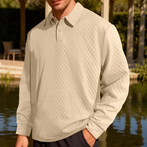 Herren Langarm Polo Shirt Jacquard Texturierte Strickware Button Down Revers Kragen Locker Casual Einfarbig Tops