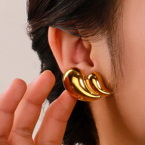 Irregular Double Water Drop Heart Shaped Stud Earrings 18K Gold Plated Stainless Steel Sculptural Bold Jewelry Women