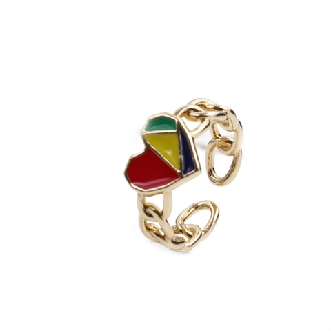 Anello Aperto Cuore Smalto Rame Placcato Oro Geometrico Colorato Goccia Olio Catena Design Regolabile Gioielli Retro