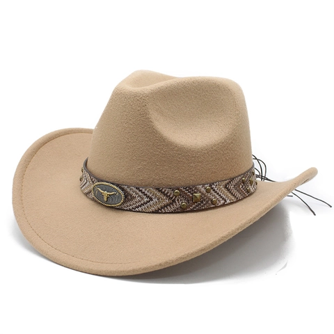 Western Cowboy Hat Retro Ethnic Style Woolen Felt Wide Brim With Bull Head Metal Emblem And Rivets Unisex