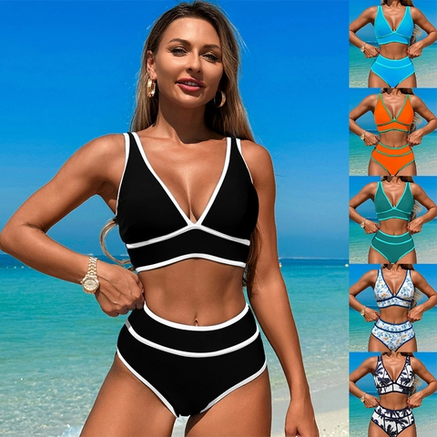 Women V Neck Bikini Swimwear Contrast Binding High Waisted Swimsuit Vest Top And Bottom Nylon Polyester Floral Vacation