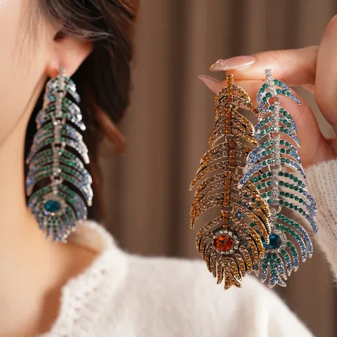 Pendientes Largos Pluma Vintage Aleación Diamantes Imitación Estilo Bohemio Mujer Con Poste De Plata 925 Sterling
