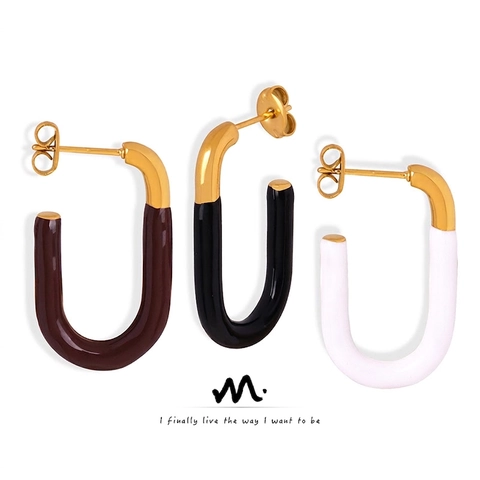 Pendientes de Botón en Forma de U de Acero de Titanio y Esmalte para Mujer Chic Dorado Estilo Francés Color de Contraste Joyería Elegante Minimalista