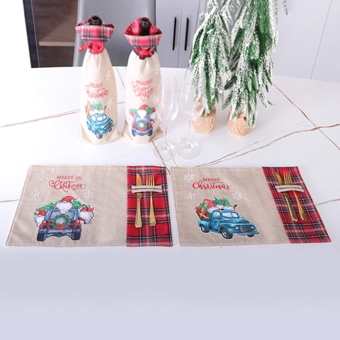 Christmas Placemat With Utensil Pocket Faux Linen Table Mat Blue Truck Santa Print Holiday Dining Table Decoration