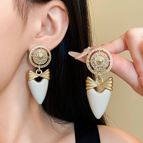 Vintage Paleis Stijl Hart Drop Oorbellen Met Silver Earring Post Legering Strass Strikje Elegante Sieraden Voor Vrouwen
