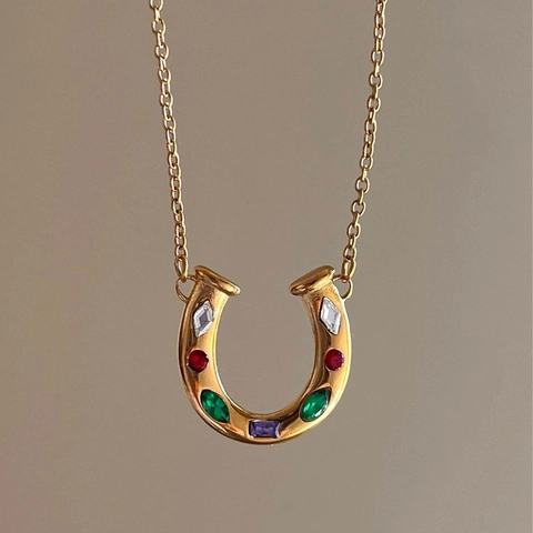 Collana In Acciaio Inossidabile Stile Western Vintage Ciondolo Ferro Di Cavallo Stivale Da Cowboy Zircone Colorato Intarsiato Donne