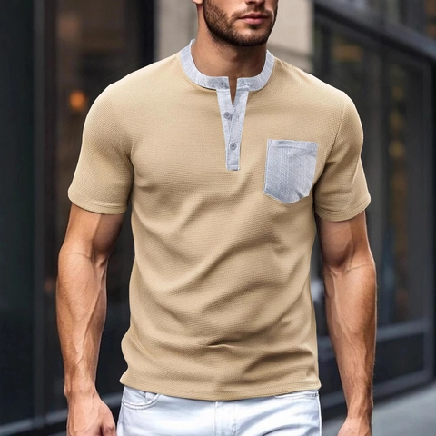 Maglia Henley Da Uomo Maglia A Nido D Ape Manica Corta Colore A Contrasto Poliestere Traspirante Top Casual