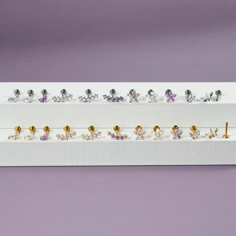 Pendiente De Labio Y Cartílago De Acero Inoxidable Con Opalo Zircon Flor Rosca Interna Parte Posterior Plana Joyería Piercing
