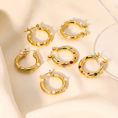 Orecchini A Cerchio In Acciaio Inossidabile Placcato Oro 18K Con Künstliche Perle E Zirconi Colorati Gioielli Geometrici Da Donna