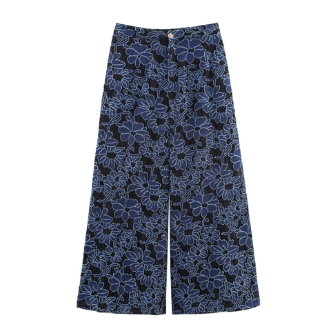 Damen Gerade Hose Mit Stickerei Und Spitze Vintage Blumen Denim Patchwork Elegant Lange Hose