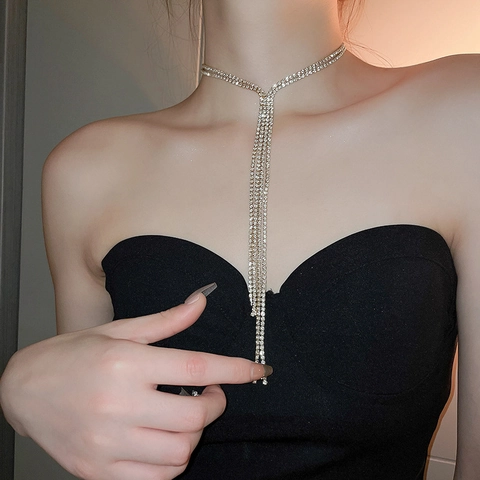 Rhinestone Double Layer Long Tassel Necklace Elegant Luxury Alloy Choker Jewelry For Women Evening Party Accessories