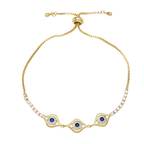 Evil Eye Bracelet Copper Cubic Zirconia Adjustable Slider Bolo Clasp Boho Fashion Jewelry For Women Blue Zircon Accessory