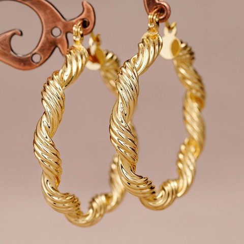 Orecchini A Cerchio In Rame Placcato Oro Design Corda Intrecciata Spirale Strutturata Grandi Tondi Gioielli Punk Retro