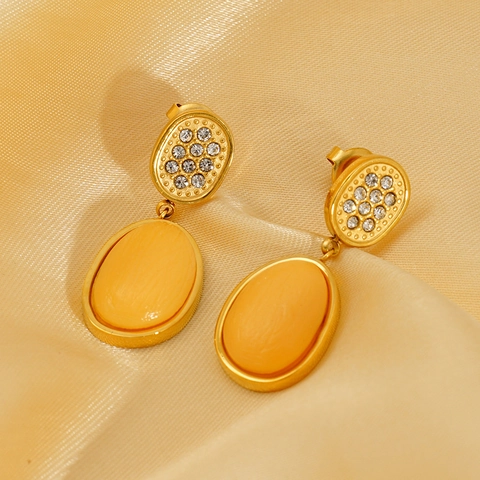 Retro Oval Ohrhänger 18K Vergoldeter Edelstahl Harz Kunststein Strass Eleganter Modeschmuck Für Damen