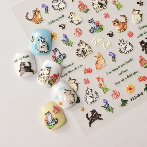 5D Embossed Nail Art Stickers Cute Cartoon Cat Floral Design Waterproof Self Adhesive Manicure Decoration For Women