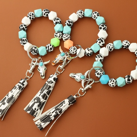 Bracelet Porte-clés en Perles de Silicone Tête de Taureau Lumineuse Avec Gland Imprimé Vache Accessoires de Style Occidental pour Femmes Hommes