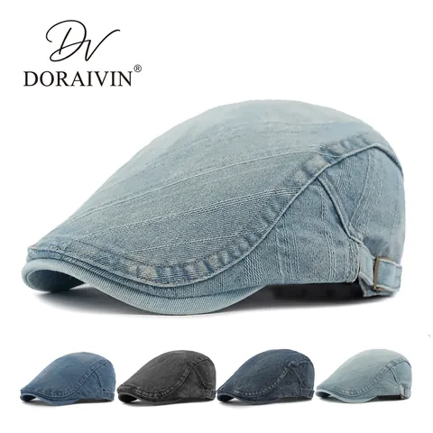 Washed Denim Flat Cap Vintage British Style Ivy Hat Adjustable Buckle Forward Beret For Men Women Casual