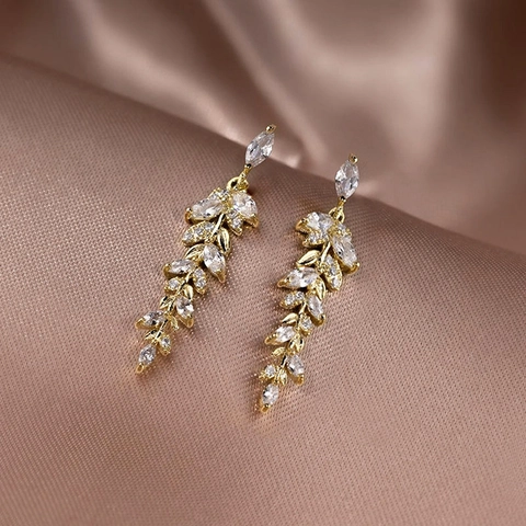 Elegant Leaf Dangle Earrings Copper Marquise Cubic Zirconia Wheat Ear Drop Jewelry For Women Wedding Party Prom
