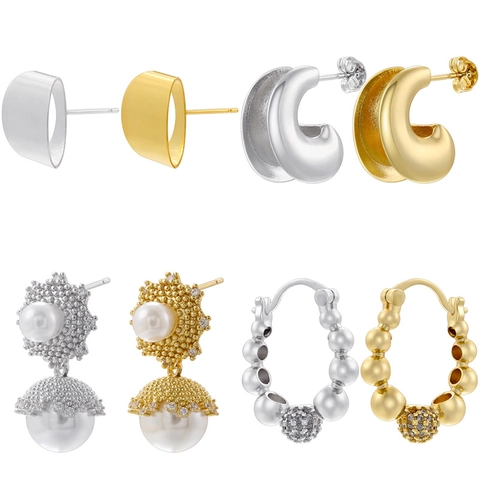 Brass Artificial Pearl Zircon Earrings Vintage French Style Minimalist Geometric C Shaped Stud Hoop Jewelry For Women