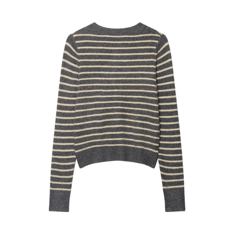 Women Striped Knitted Cardigan Sweater Crew Neck Long Sleeve Gold Button Elegant Retro Casual Outerwear