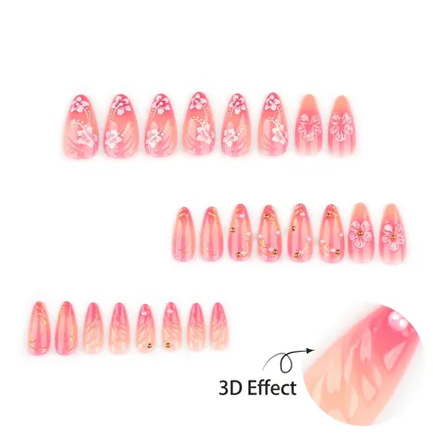 3D Λουλούδια Ψεύτικα Νύχια Ροζ Ντεγκραντέ Σχήμα Αμυγδάλου Πέρλες Χρυσό Ανάγλυφο Κομψά Νύχια Για Γυναίκες