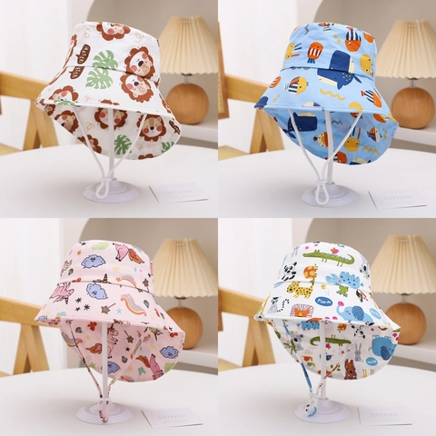 Kids Sun Hat Polyester Cartoon Animal Print Adjustable Neck Flap Bucket Hat For Toddler Boys Girls Outdoor Beach