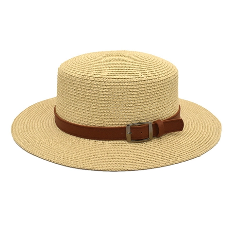 Women Men Summer Straw Boater Hat Flat Top Jazz Fedora Beach Sun Hat With Leather Buckle Band Breathable Travel Outdoor Cap